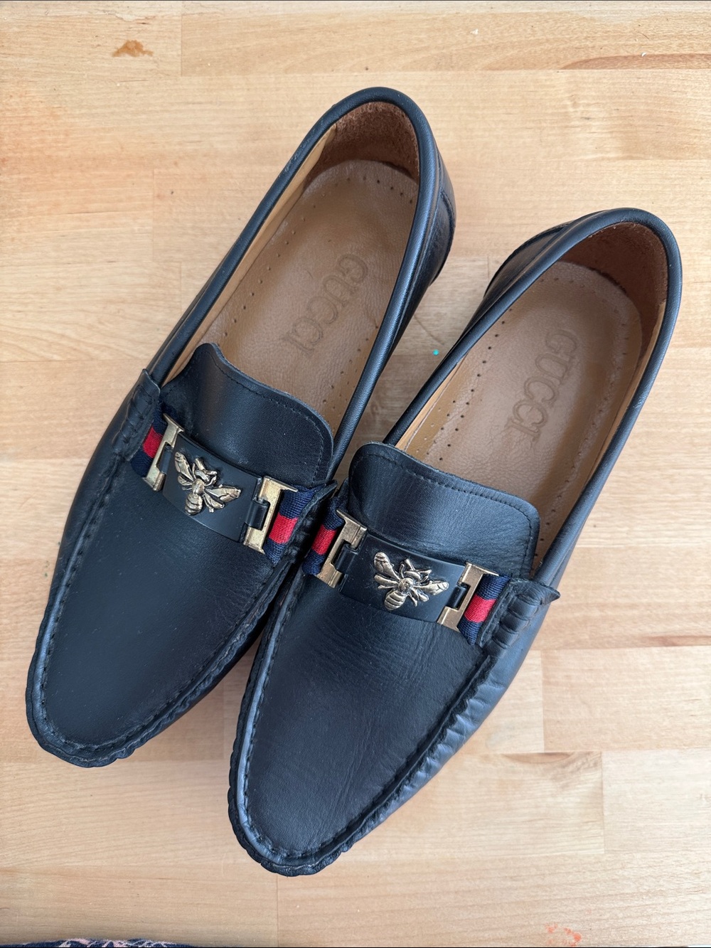 Gucci Black Leather Loafers with Gold Bee & Red-Blue Web